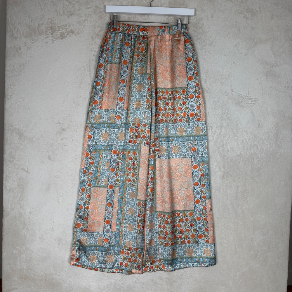 dRA Los Angeles Boho Patchwork Silky Wide Leg Palazzo Pants Orange Blue S